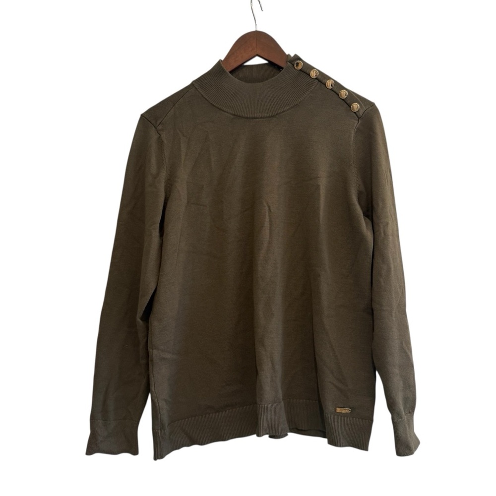 Calvin Klein Women’s Large Olive Green Mock Neck Sweater Gold Shoulder Buttons